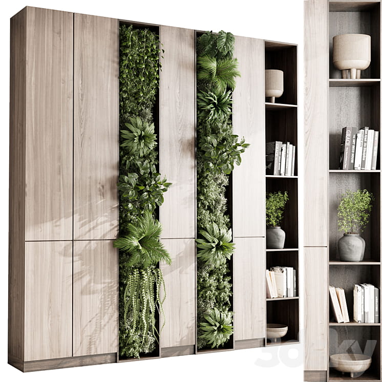آبجکت سه بعدی دیوار سبز عمودی با کابینت و گیاهان آپارتمانی